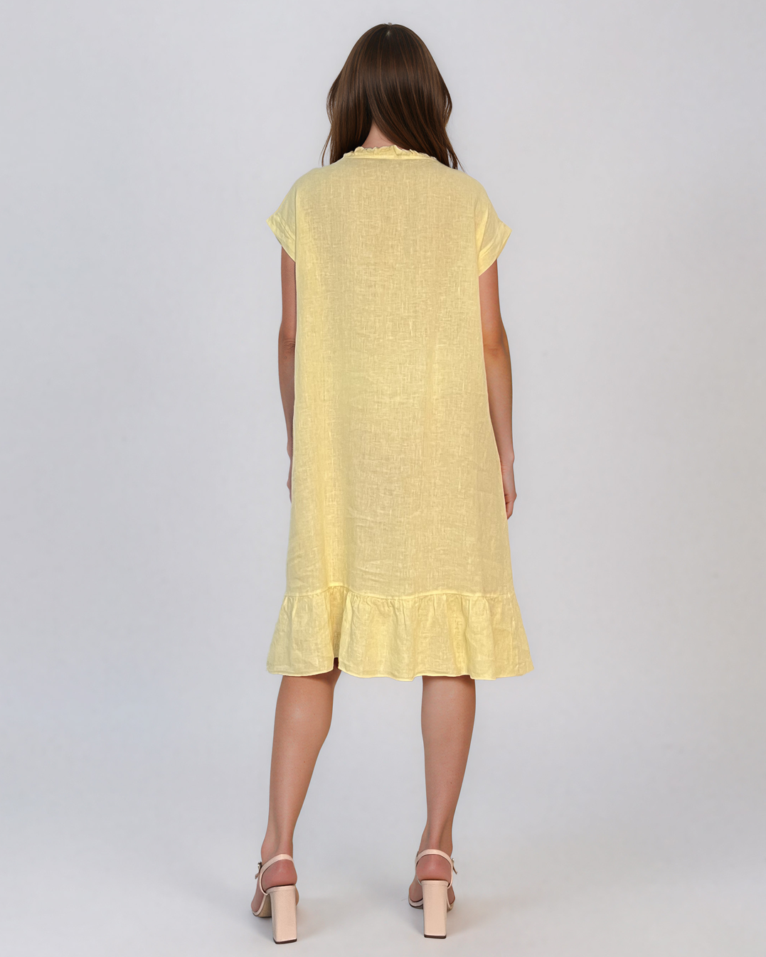 Rochie din in cu pliu și elastic galben PR985