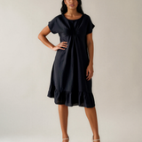 Rochie din in cu pliu și elastic negru PR985