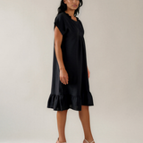 Rochie din in cu pliu și elastic negru PR985