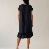 Rochie din in cu pliu și elastic negru PR985