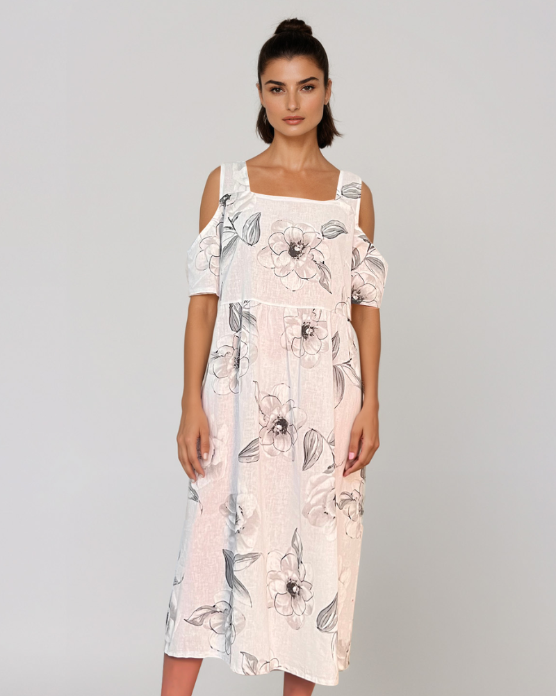 Rochie din in cu umeri goi și print alb PR930