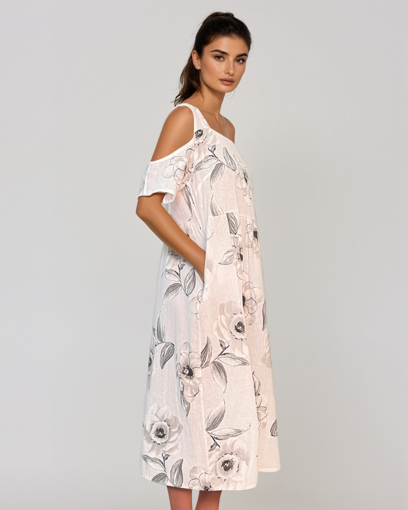 Rochie din in cu umeri goi și print alb PR930
