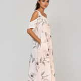 Rochie din in cu umeri goi și print alb PR930
