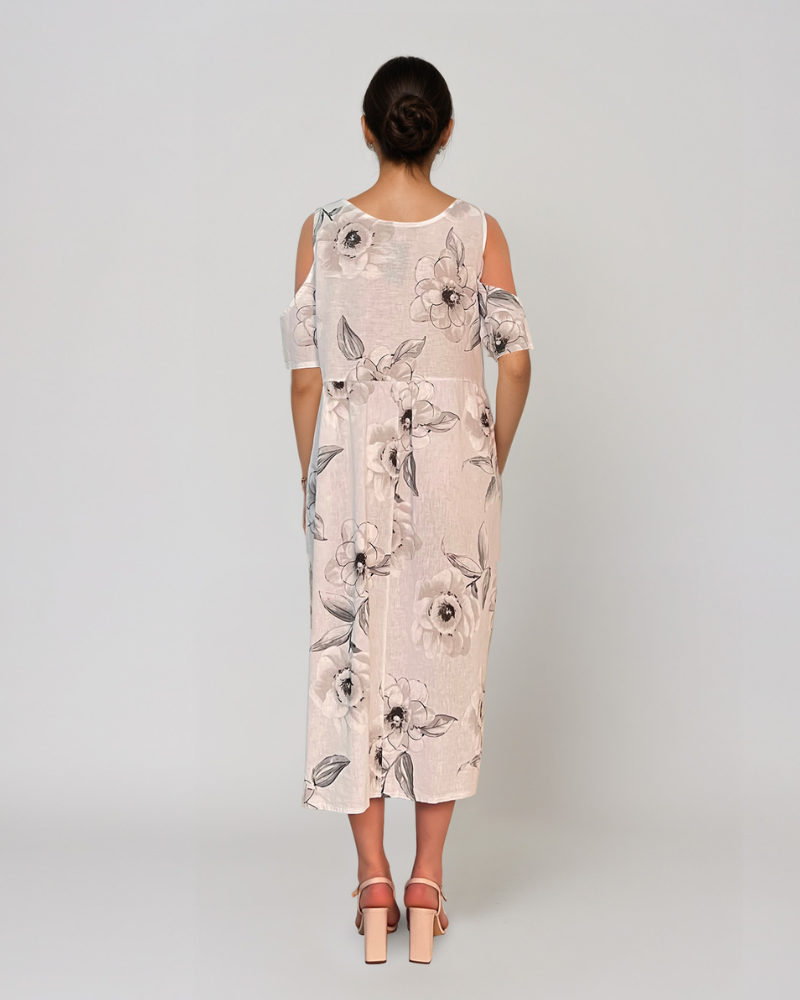 Rochie din in cu umeri goi și print alb PR930