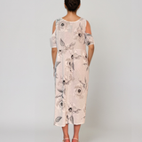 Rochie din in cu umeri goi și print alb PR930