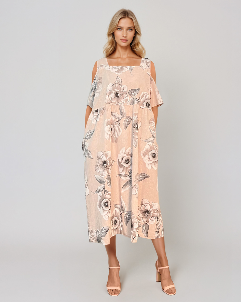 Rochie din in cu umeri goi și print beige PR930