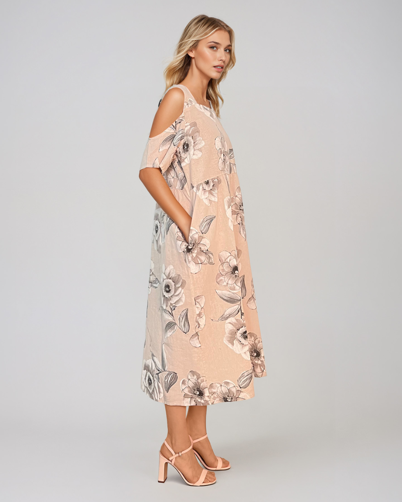 Rochie din in cu umeri goi și print beige PR930