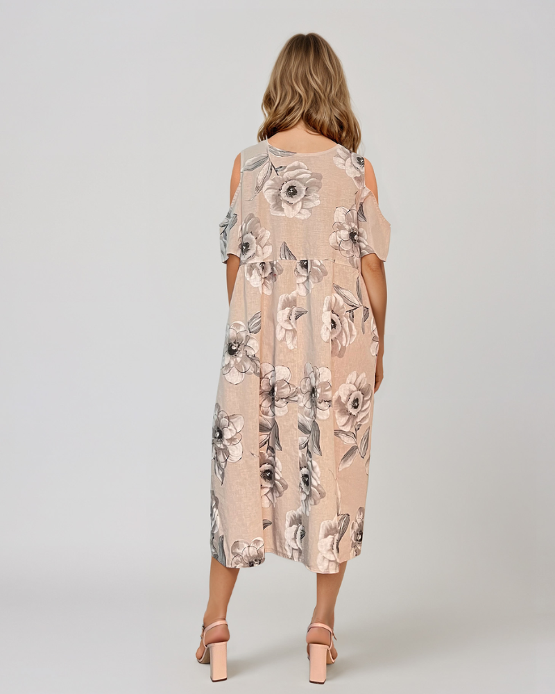 Rochie din in cu umeri goi și print beige PR930