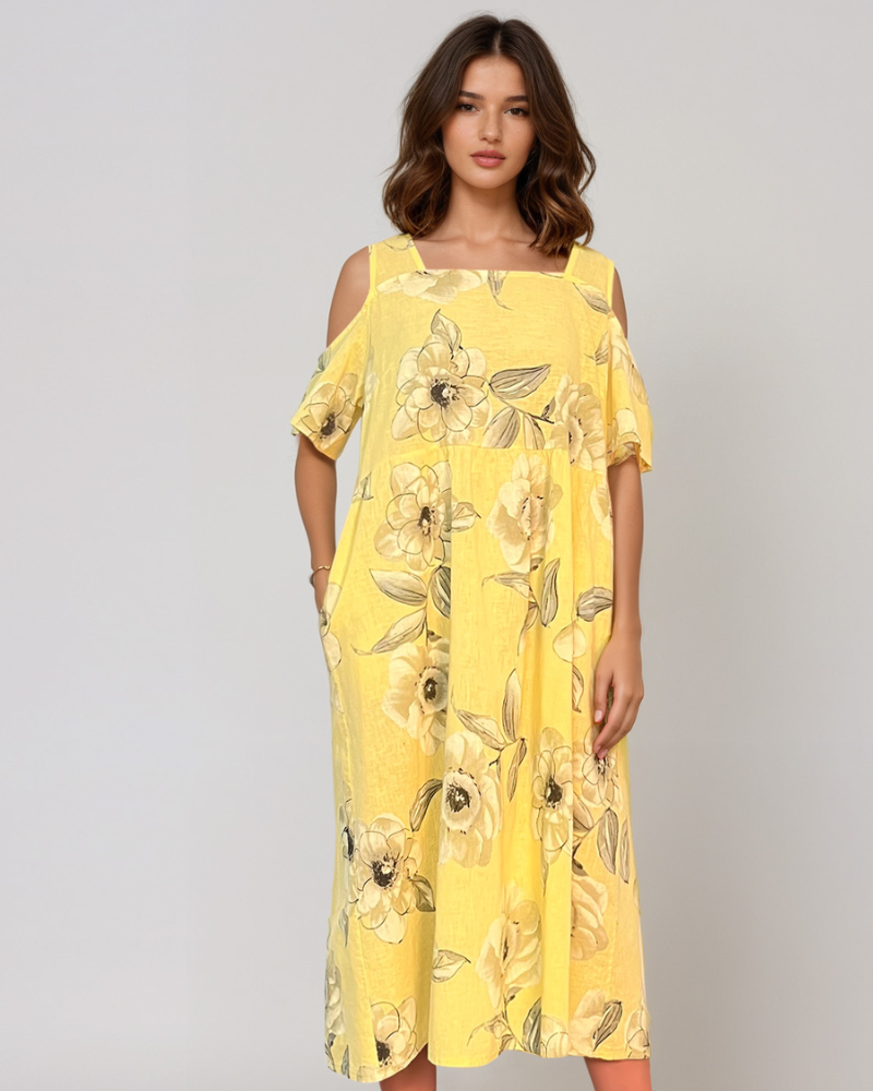 Rochie din in cu umeri goi și print galben PR930