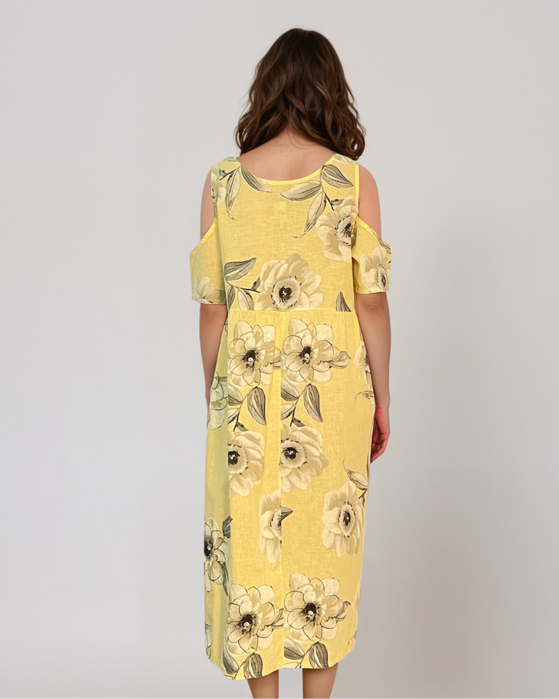 Rochie din in cu umeri goi și print galben PR930