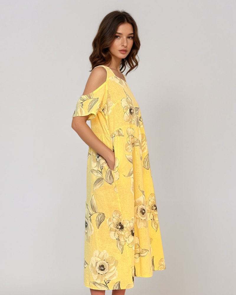 Rochie din in cu umeri goi și print galben PR930