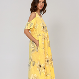 Rochie din in cu umeri goi și print galben PR930
