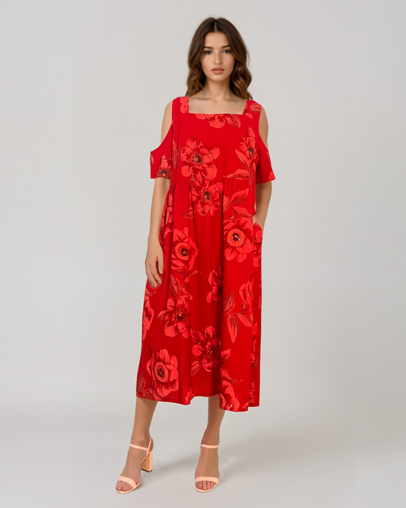 Rochie din in cu umeri goi și print rosu PR930