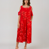 Rochie din in cu umeri goi și print rosu PR930