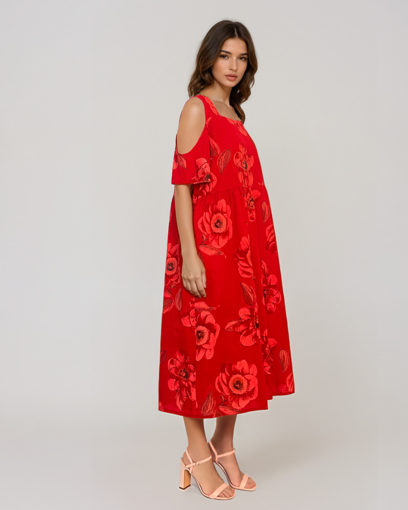 Rochie din in cu umeri goi și print rosu PR930
