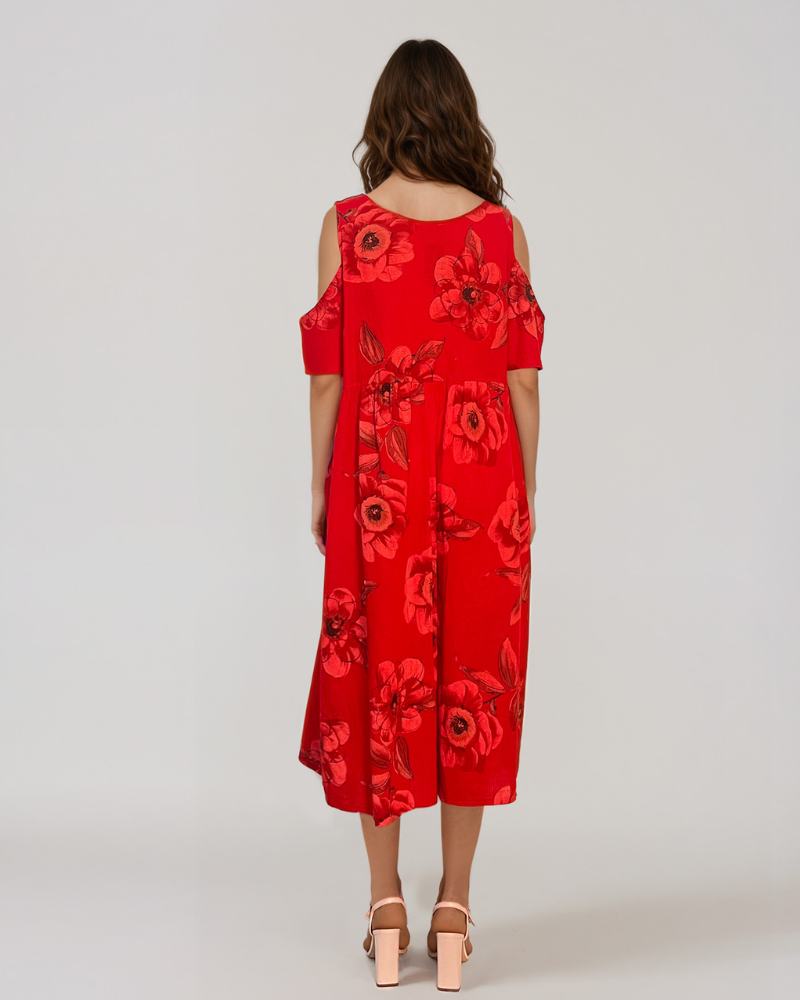 Rochie din in cu umeri goi și print rosu PR930
