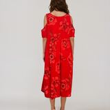 Rochie din in cu umeri goi și print rosu PR930