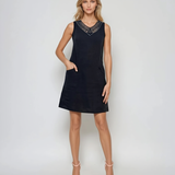 Rochie din in fără mânecă cu guler paiete bleumarin 