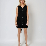 Rochie din in fără mâneci cu glugă și șiret pe margine negru 