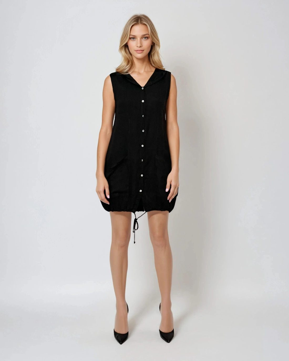 Rochie din in fără mâneci cu glugă și șiret pe margine negru 