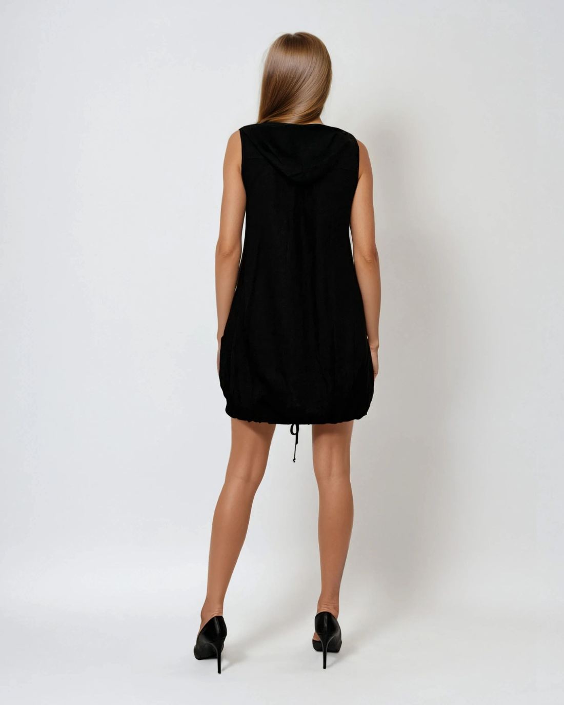 Rochie din in fără mâneci cu glugă și șiret pe margine negru 