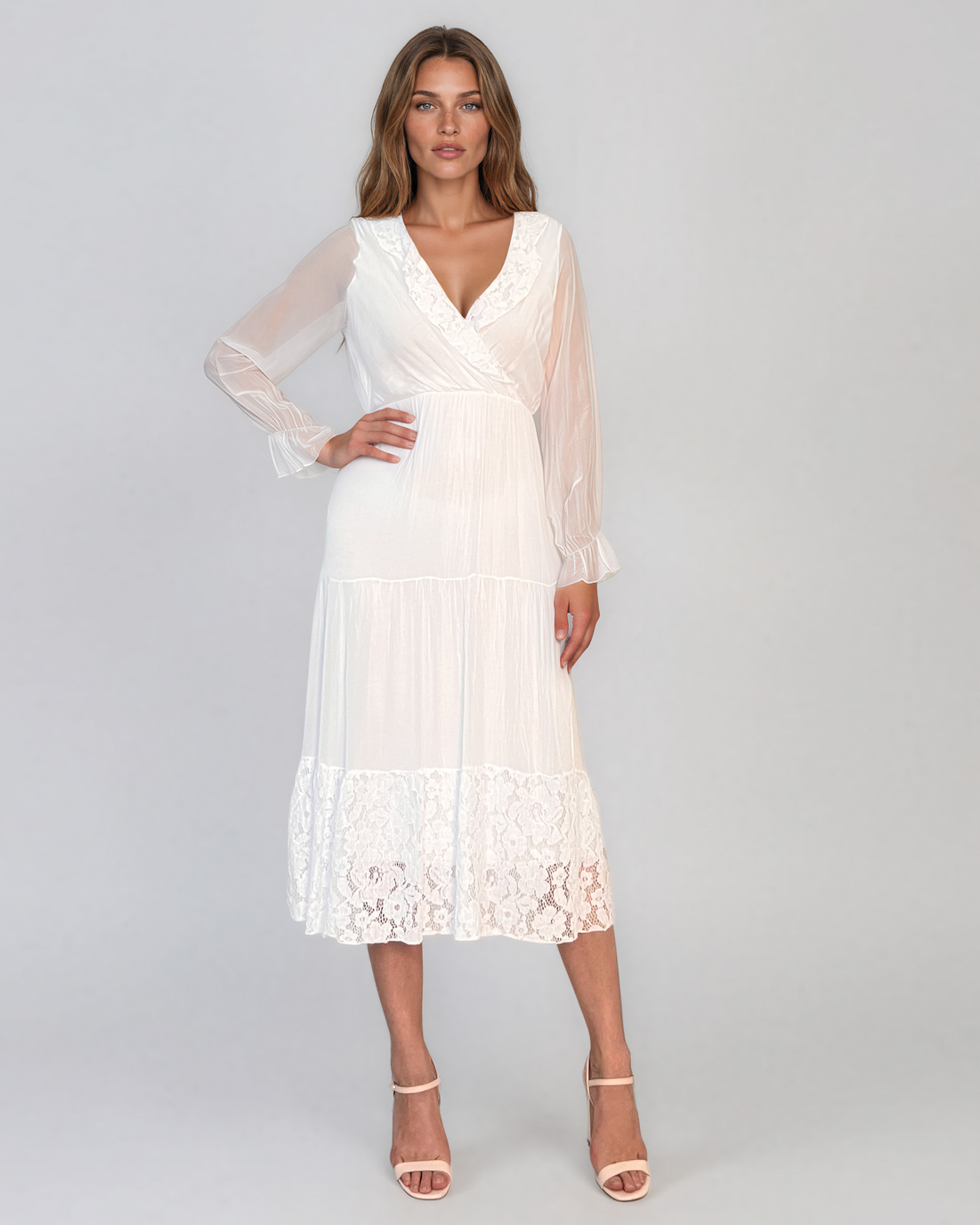 Rochie din mătase cu decolteu în V și dantelă alb PN016