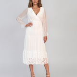 Rochie din mătase cu decolteu în V și dantelă alb PN016