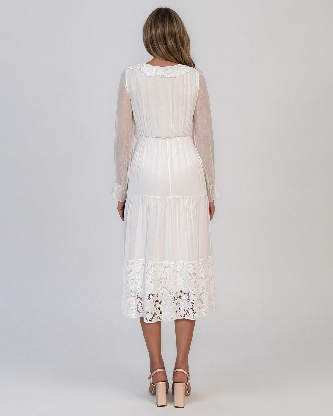 Rochie din mătase cu decolteu în V și dantelă alb PN016