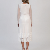 Rochie din mătase cu decolteu în V și dantelă alb PN016