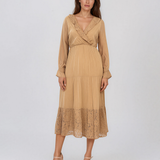 Rochie din mătase cu decolteu în V și dantelă beige PN016