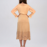 Rochie din mătase cu decolteu în V și dantelă beige PN016