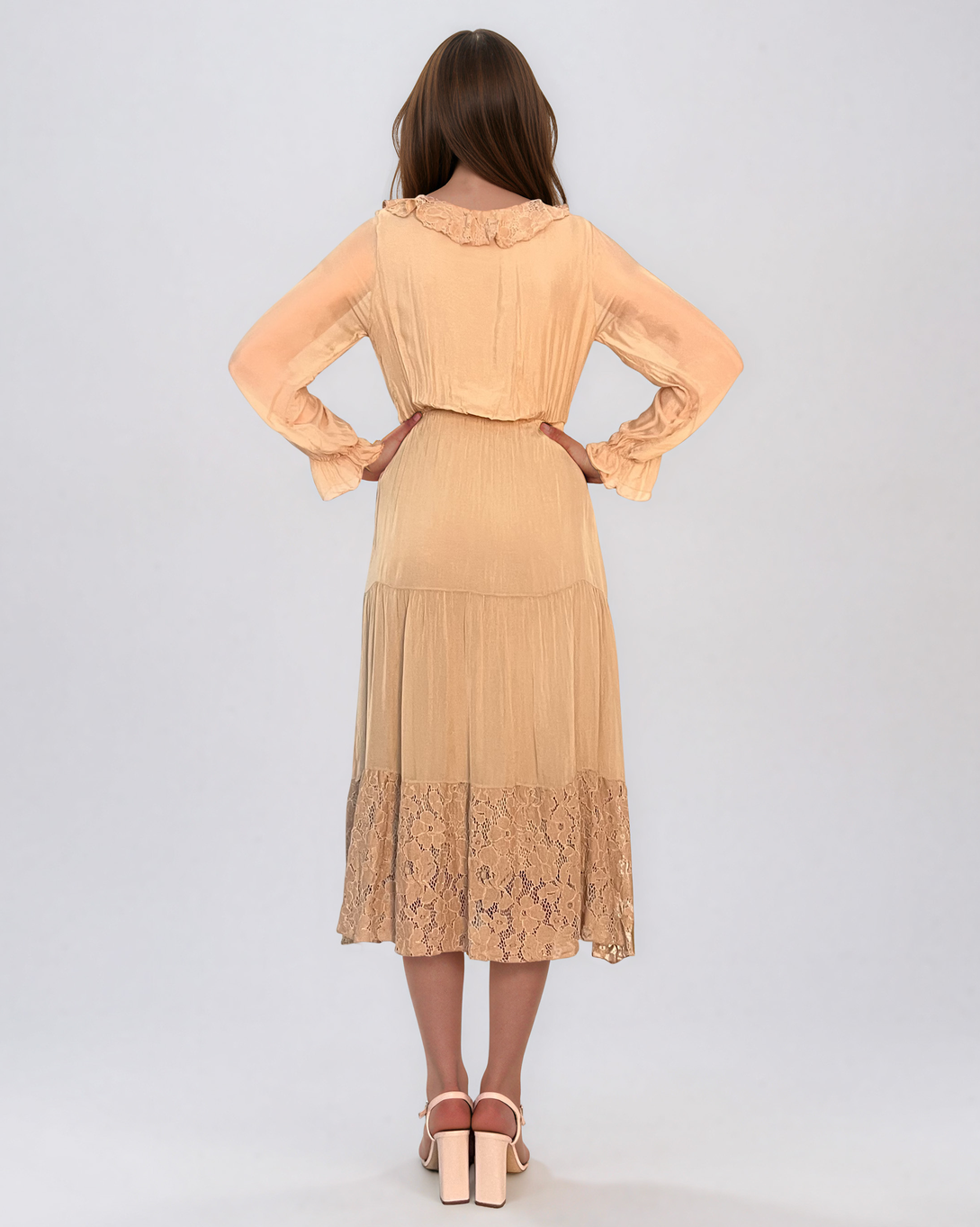 Rochie din mătase cu decolteu în V și dantelă beige PN016