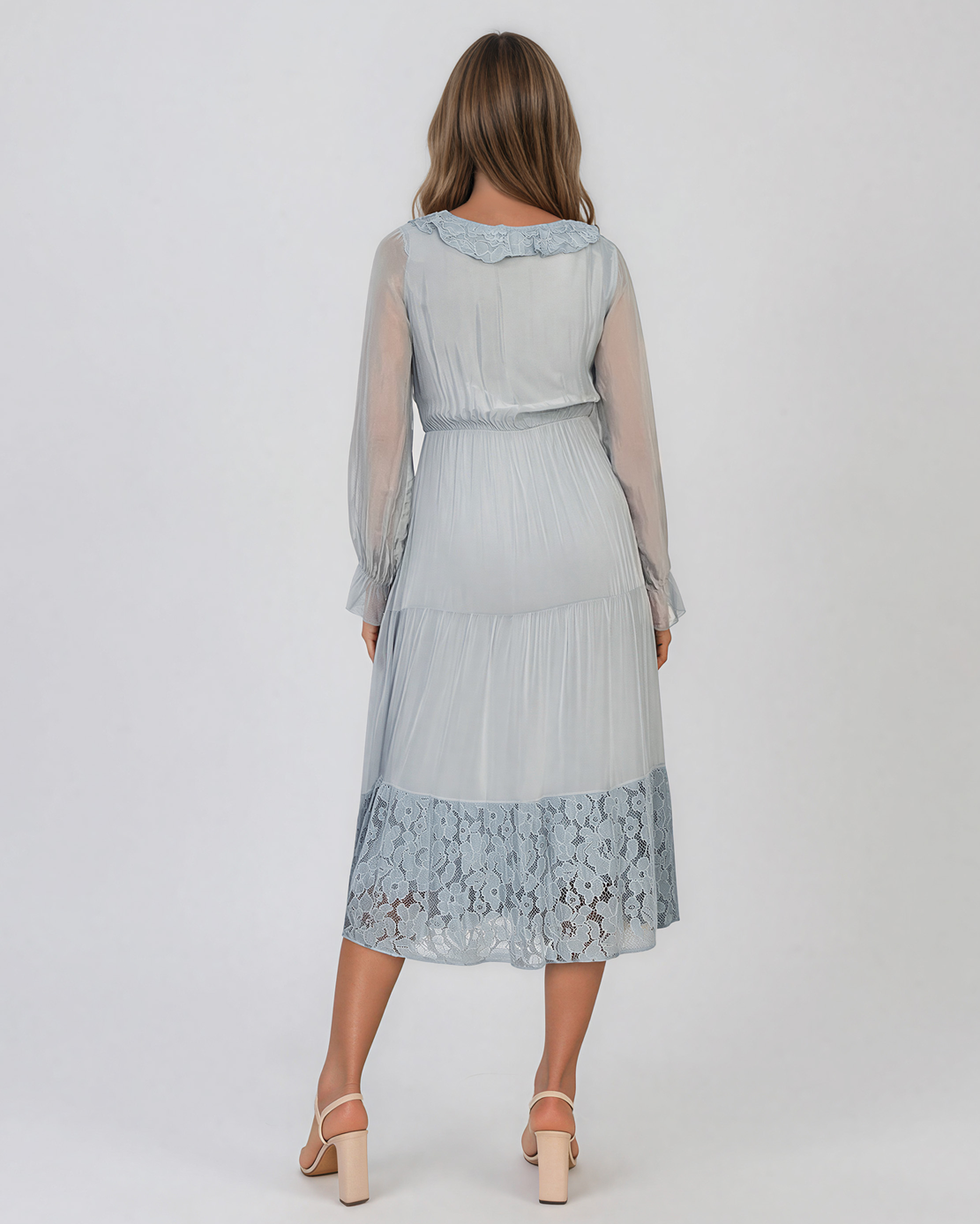 Rochie din mătase cu decolteu în V și dantelă bleu PN016