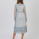 Rochie din mătase cu decolteu în V și dantelă bleu PN016