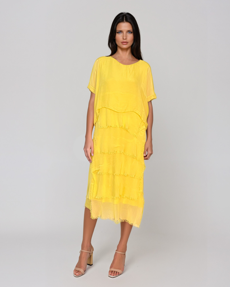 Rochie din mătase cu volane franjurate galben PR936