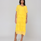 Rochie din mătase cu volane franjurate galben PR936