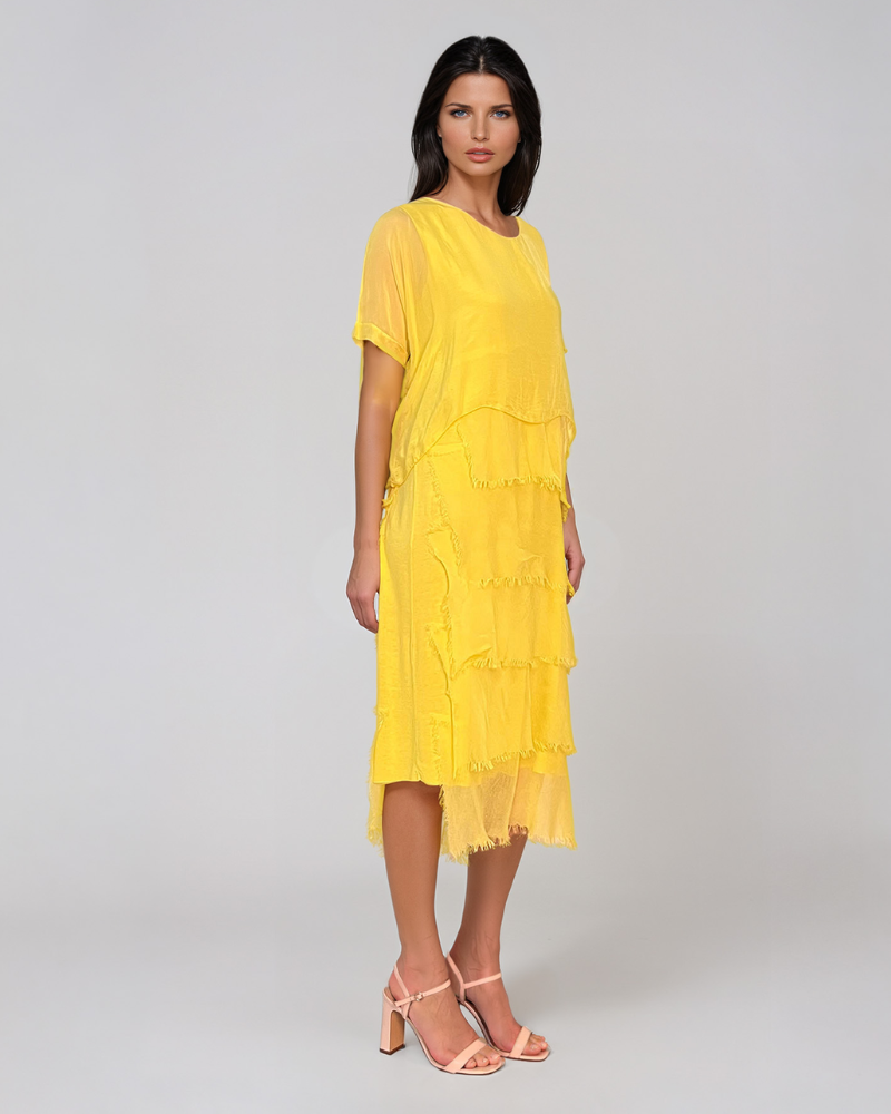 Rochie din mătase cu volane franjurate galben PR936