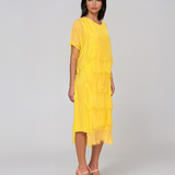 Rochie din mătase cu volane franjurate galben PR936