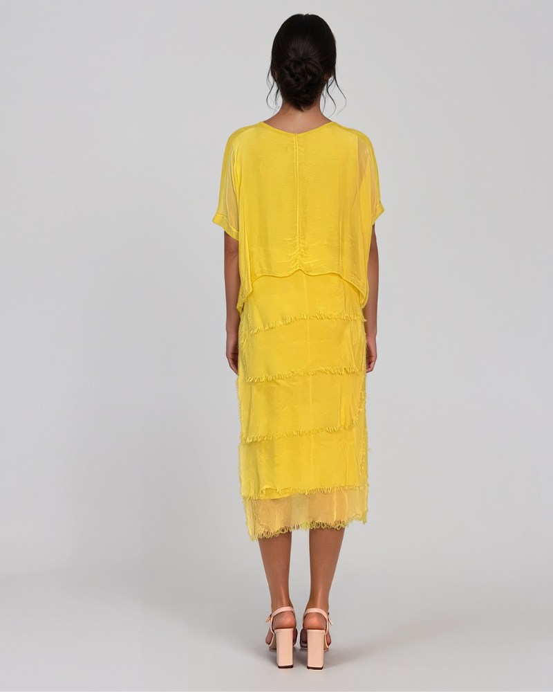 Rochie din mătase cu volane franjurate galben PR936