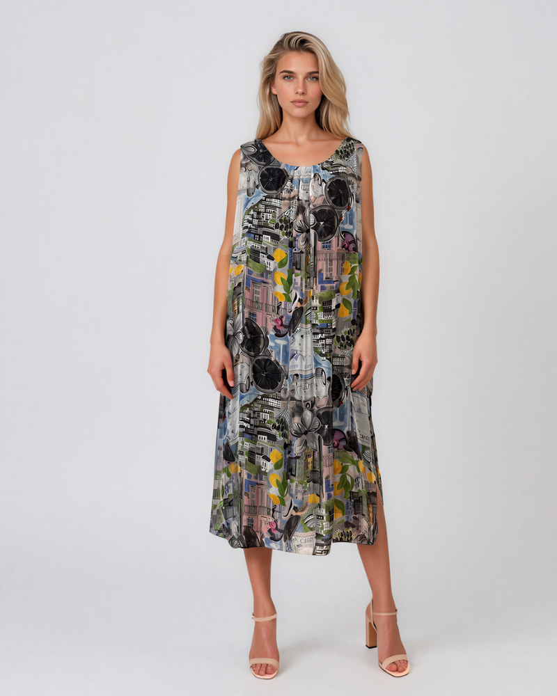 Rochie din mătase despicată în părți cu print negru PR947