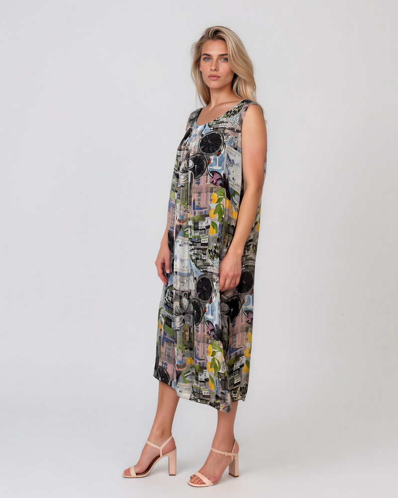 Rochie din mătase despicată în părți cu print negru PR947