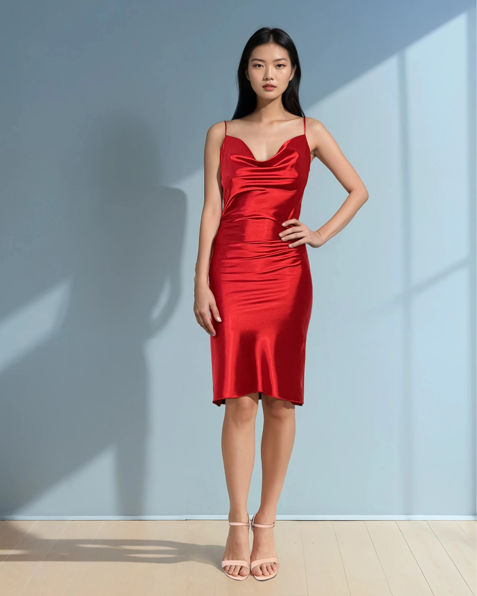 Rochie din satin cu bretele subțiri rosu 