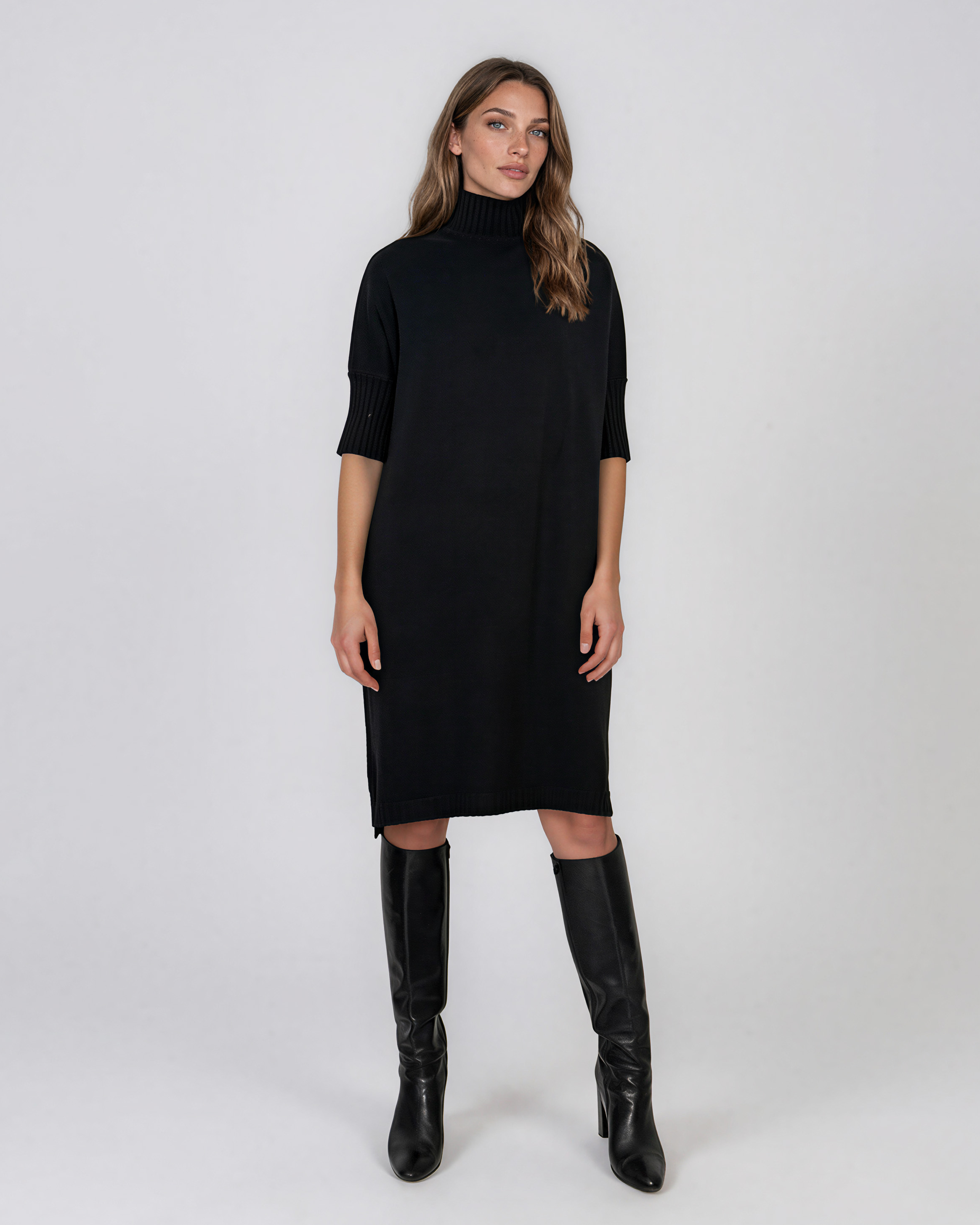 Rochie din tricot cu guler înalt negru PN141