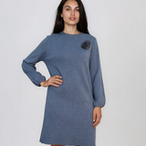 Rochie din tricot fin cu mâneci bufante şi floare aplicată albastru DY735