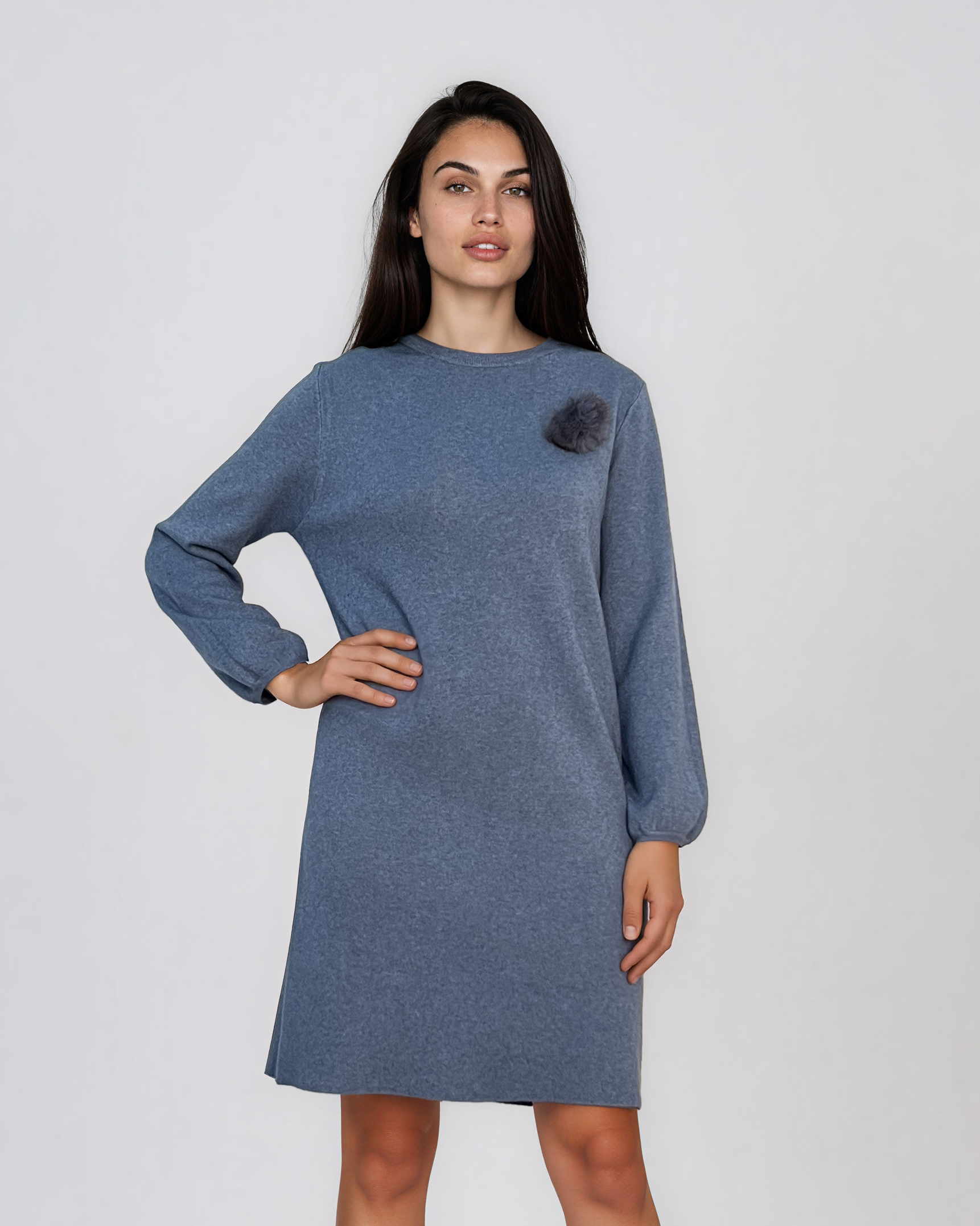 Rochie din tricot fin cu mâneci bufante şi floare aplicată albastru DY735