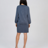 Rochie din tricot fin cu mâneci bufante şi floare aplicată albastru DY735