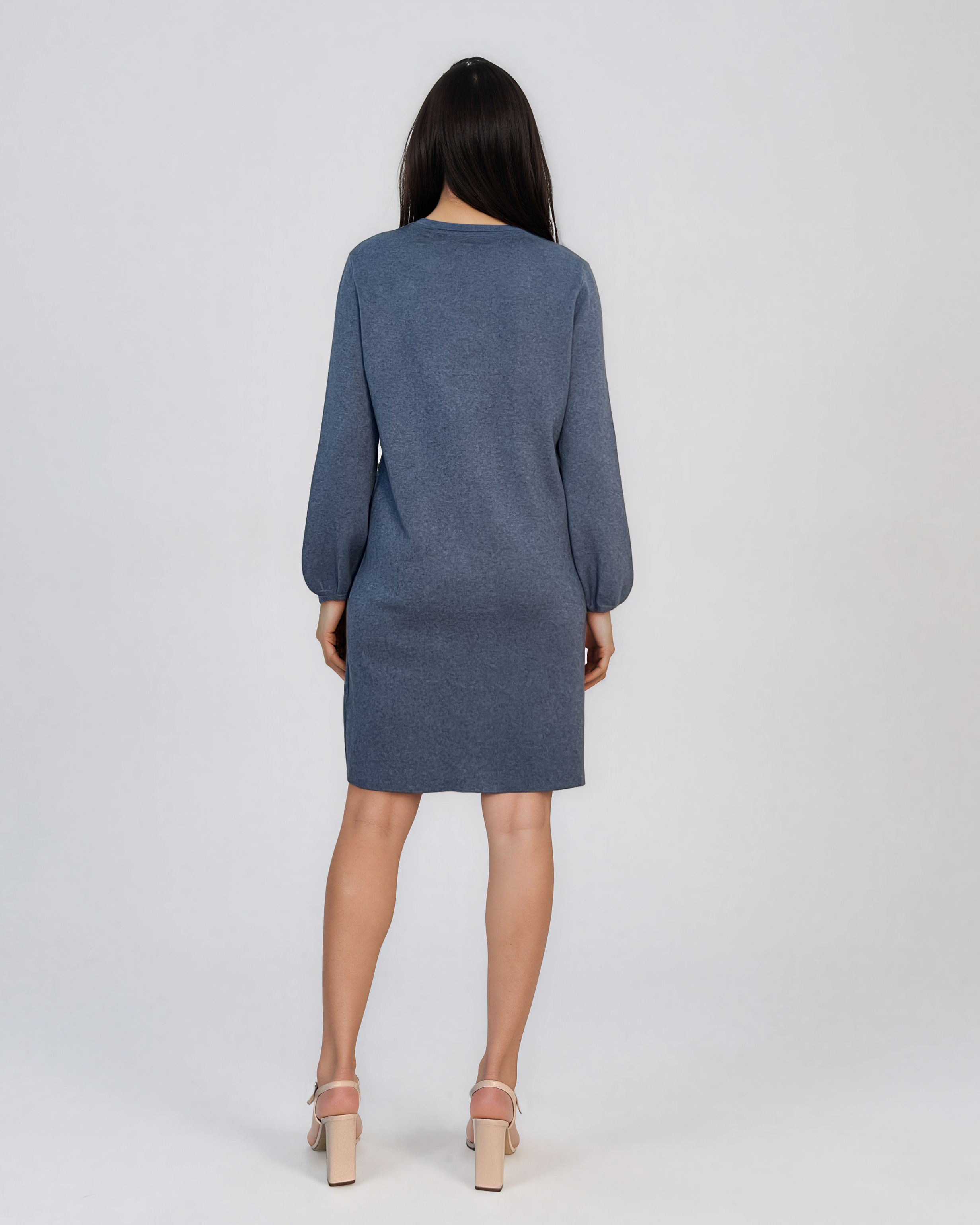 Rochie din tricot fin cu mâneci bufante şi floare aplicată albastru DY735
