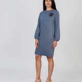 Rochie din tricot fin cu mâneci bufante şi floare aplicată albastru DY735