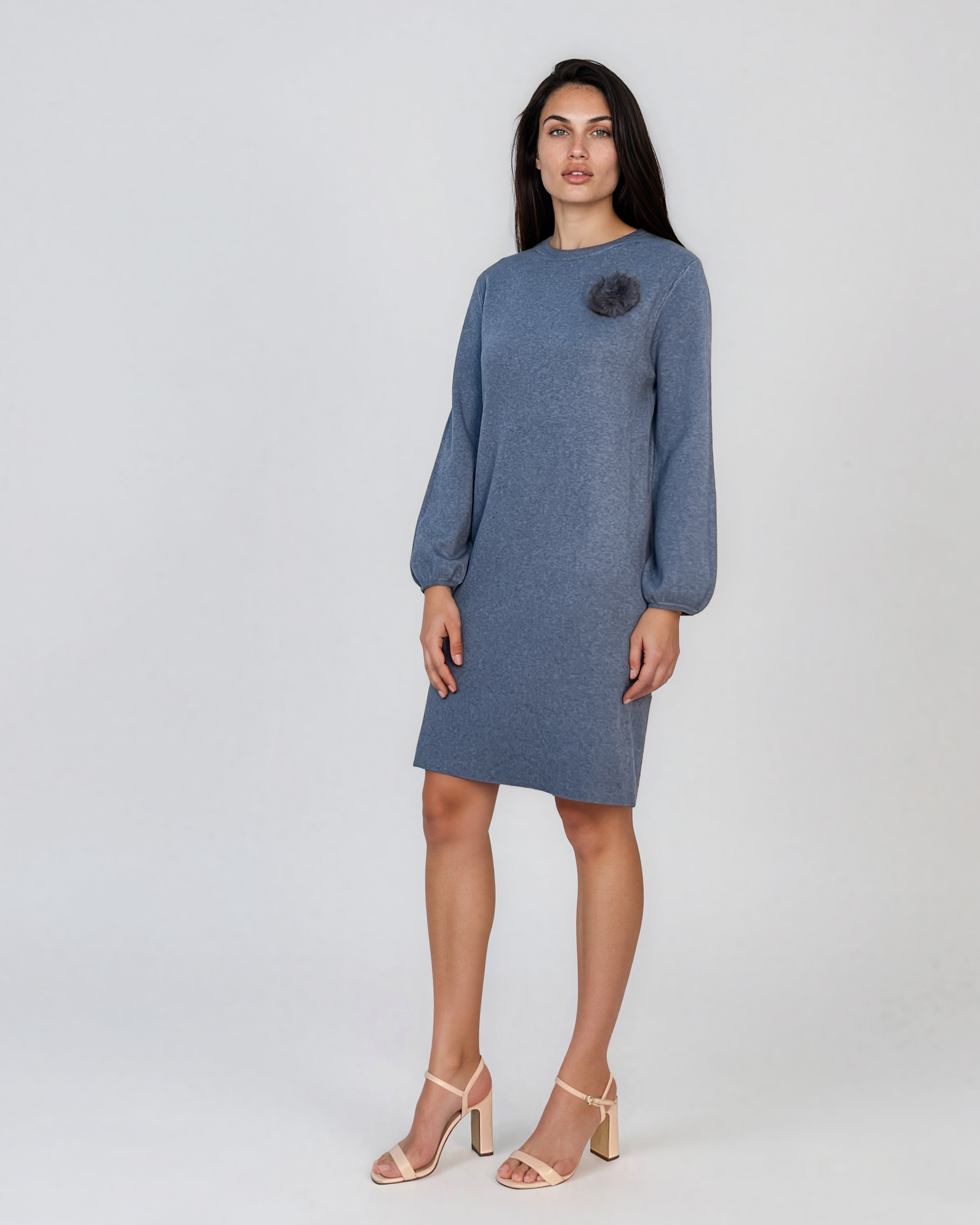 Rochie din tricot fin cu mâneci bufante şi floare aplicată albastru DY735