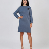 Rochie din tricot fin cu mâneci bufante şi floare aplicată albastru DY735